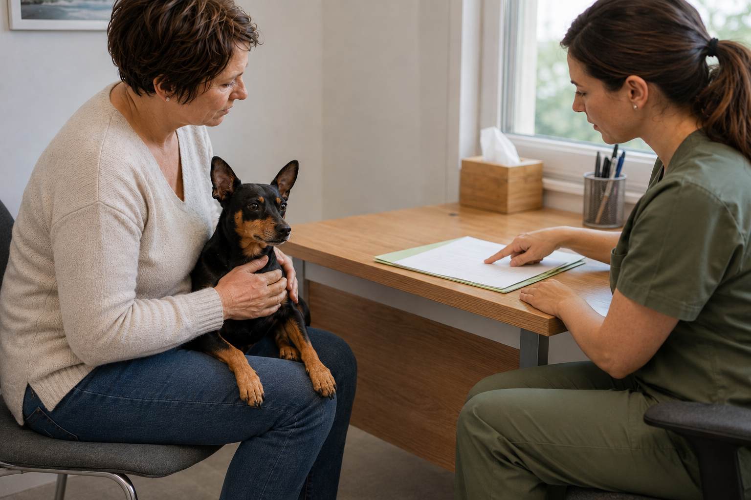 Veterinář s majitelkou klidně probírá výsledky vyšetření psa